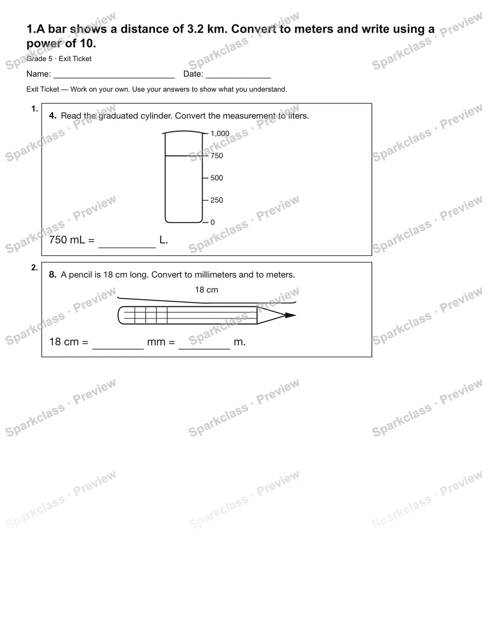 1.A bar shows a distance of 3.2 km. Convert to meters and write using a power of 10. — Exit Ticket — Grade 5 worksheet preview