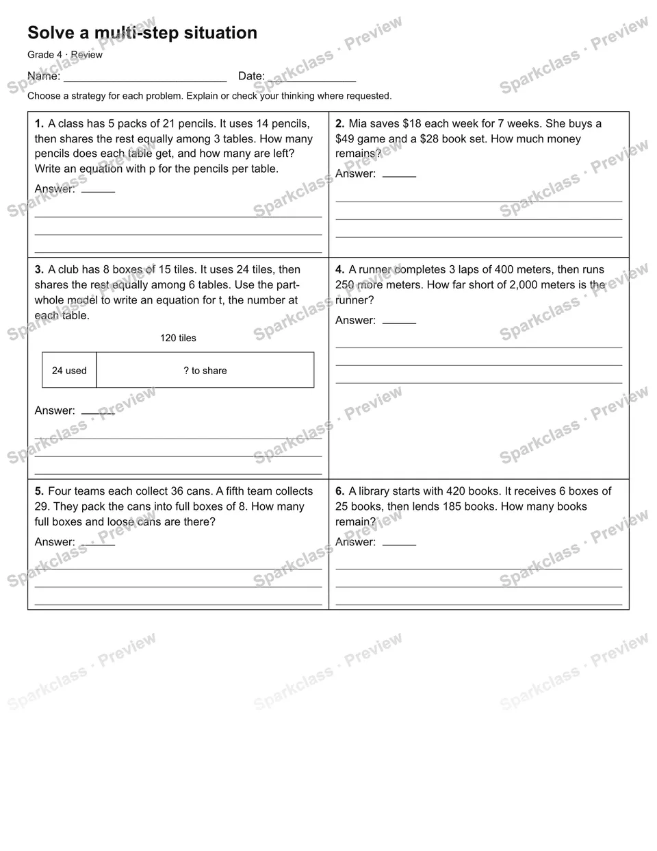 Solve a multi-step situation — Review — Grade 4 worksheet preview