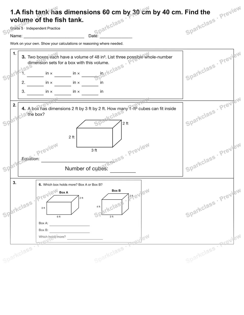 1.A fish tank has dimensions 60 cm by 30 cm by 40 cm. Find the volume of the fish tank. — Independent Practice — Grade 5 worksheet preview
