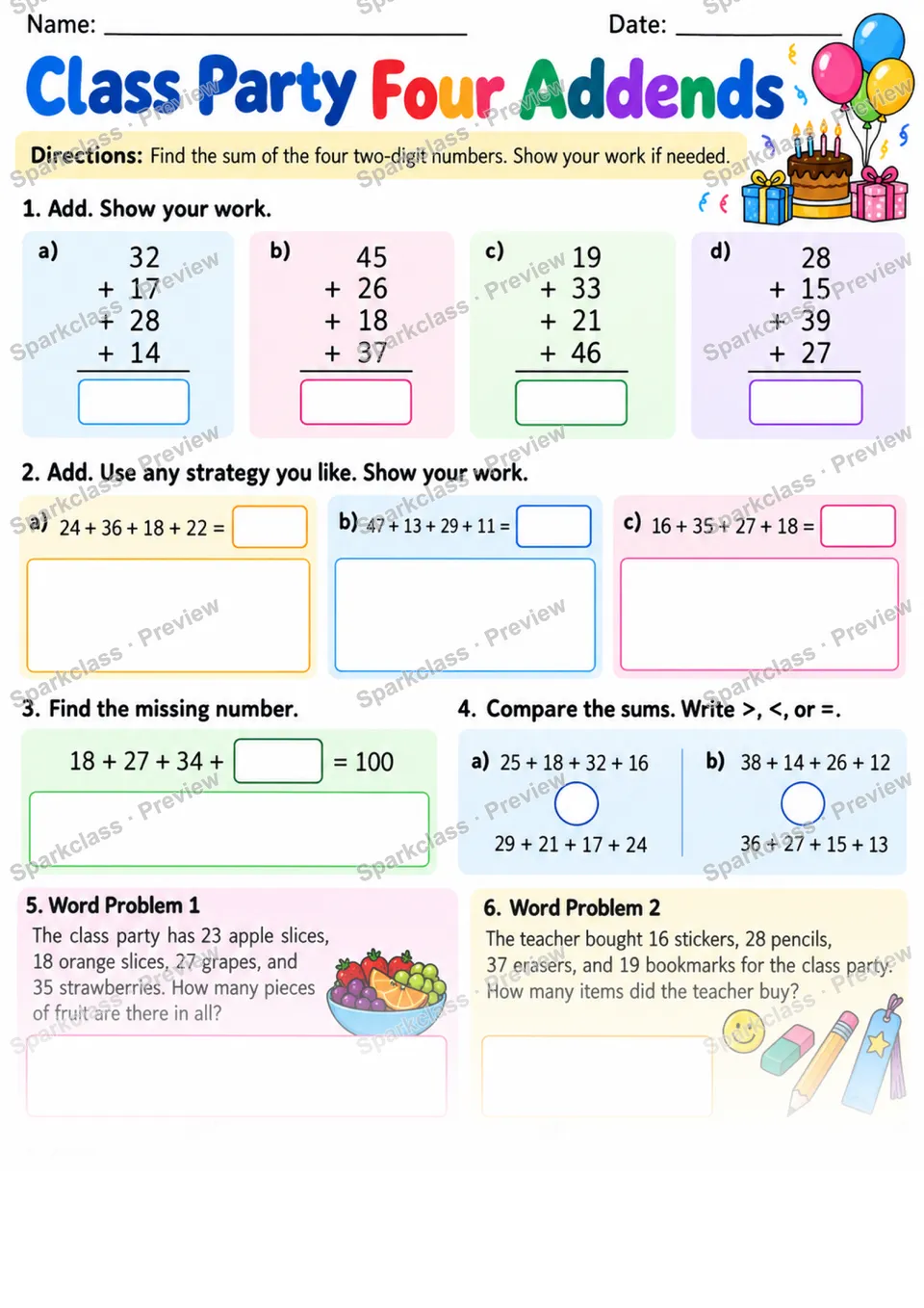 2.NBT.B.6 · Class Party Addends — Grade 2 worksheet preview