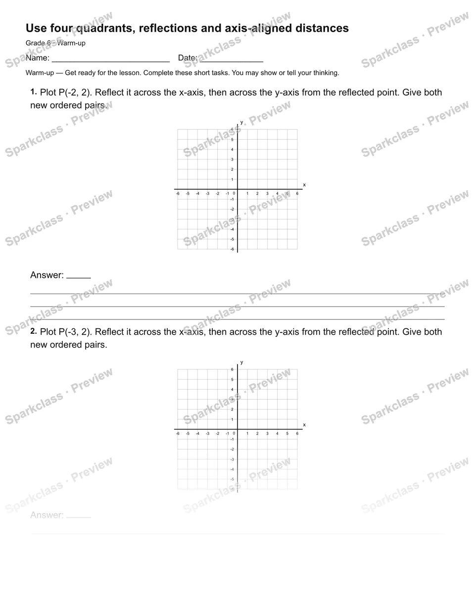 Use four quadrants, reflections and axis-aligned distances — Warm-up — Grade 6 worksheet preview