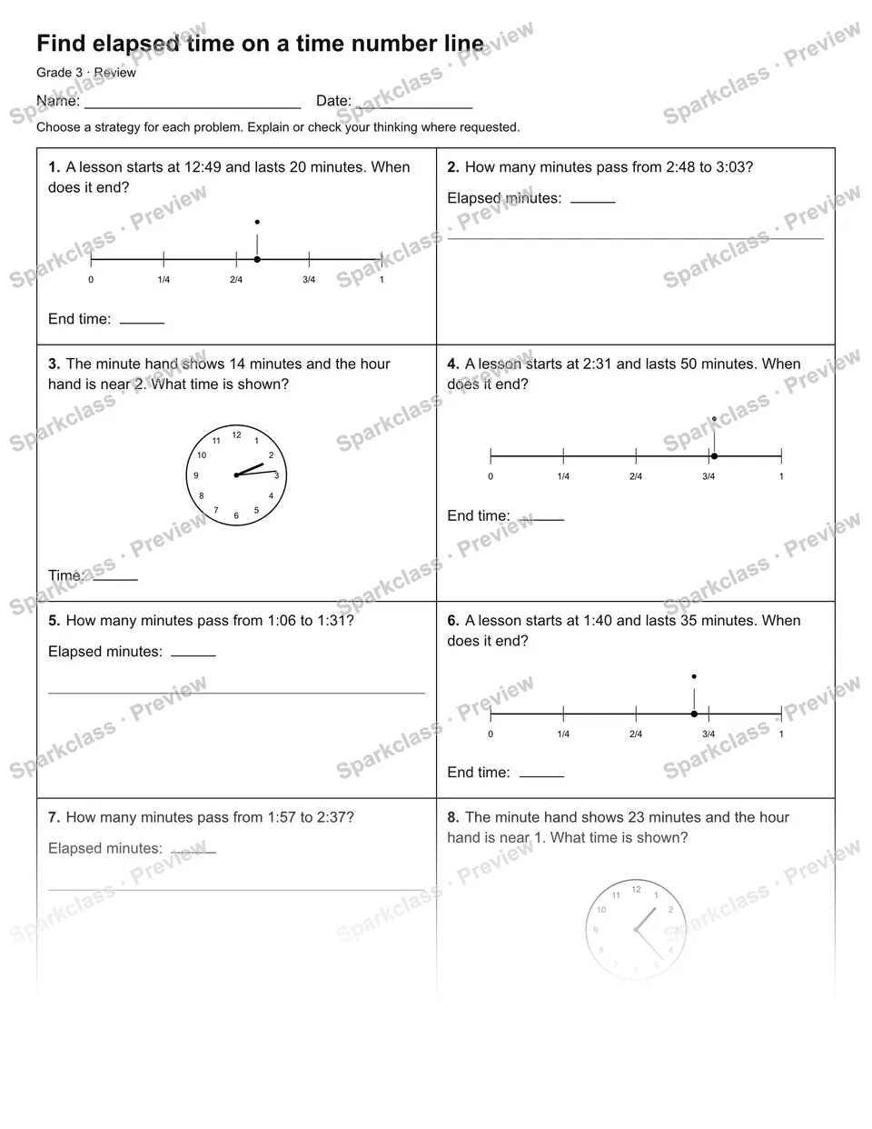 Find elapsed time on a time number line — Review — Grade 3 worksheet preview