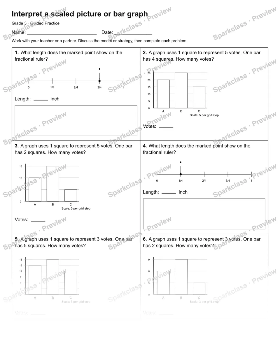 Interpret a scaled picture or bar graph — Guided Practice — Grade 3 worksheet preview