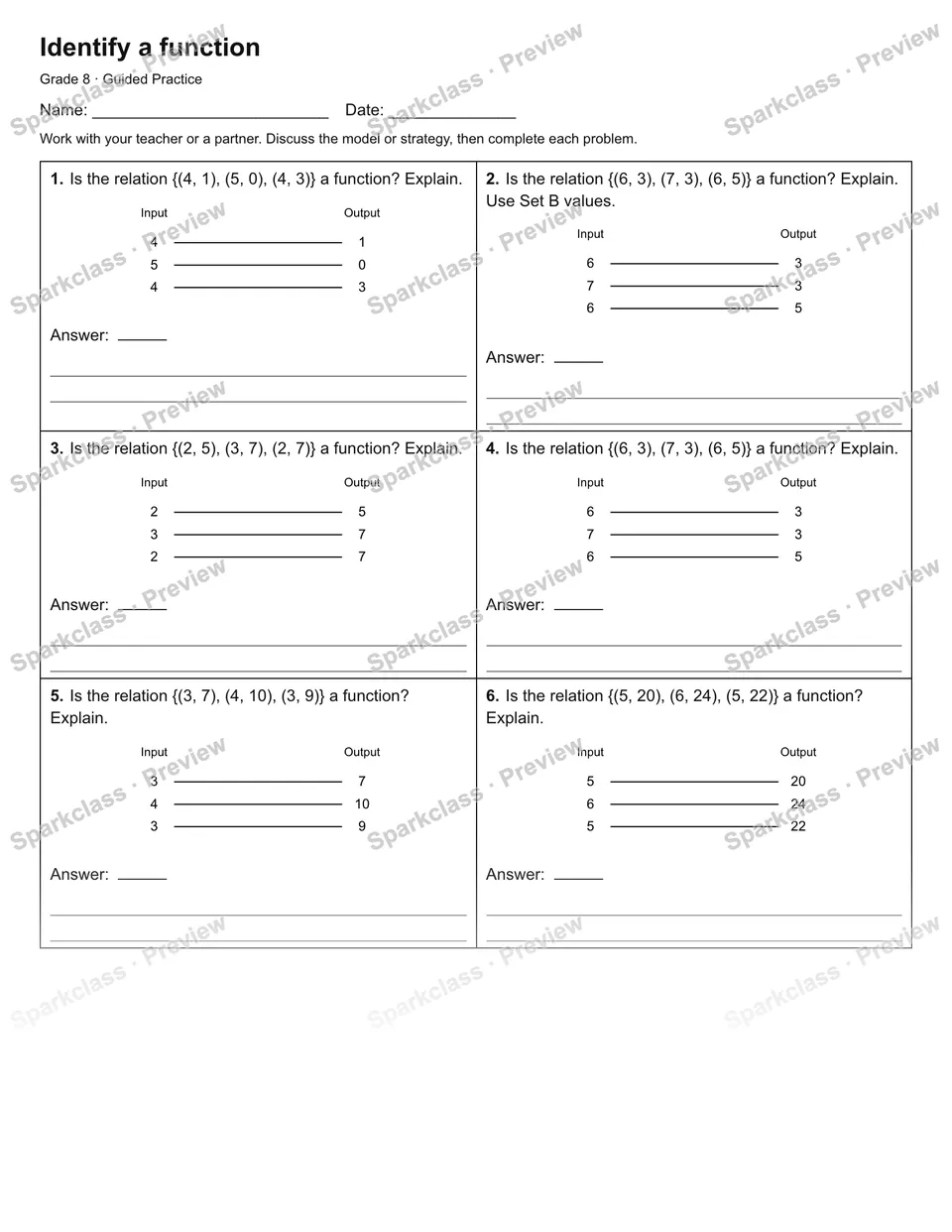 Identify a function — Guided Practice — Grade 8 worksheet preview