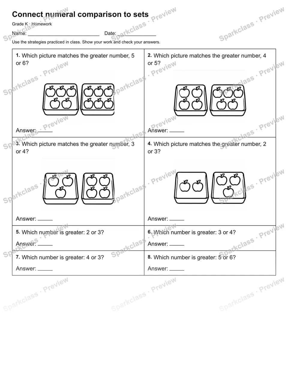 Connect numeral comparison to sets — Homework — Kindergarten worksheet preview