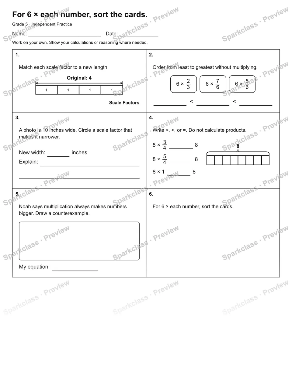 For 6 × each number, sort the cards. — Independent Practice — Grade 5 worksheet preview