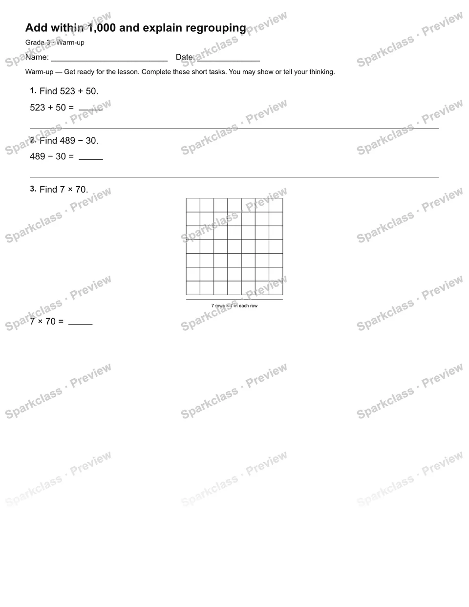 Add within 1,000 and explain regrouping — Warm-up — Grade 3 worksheet preview