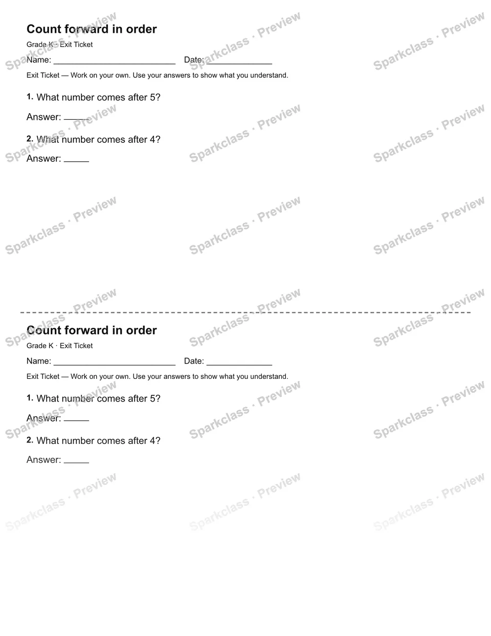 Count forward in order — Exit Ticket — Kindergarten worksheet preview