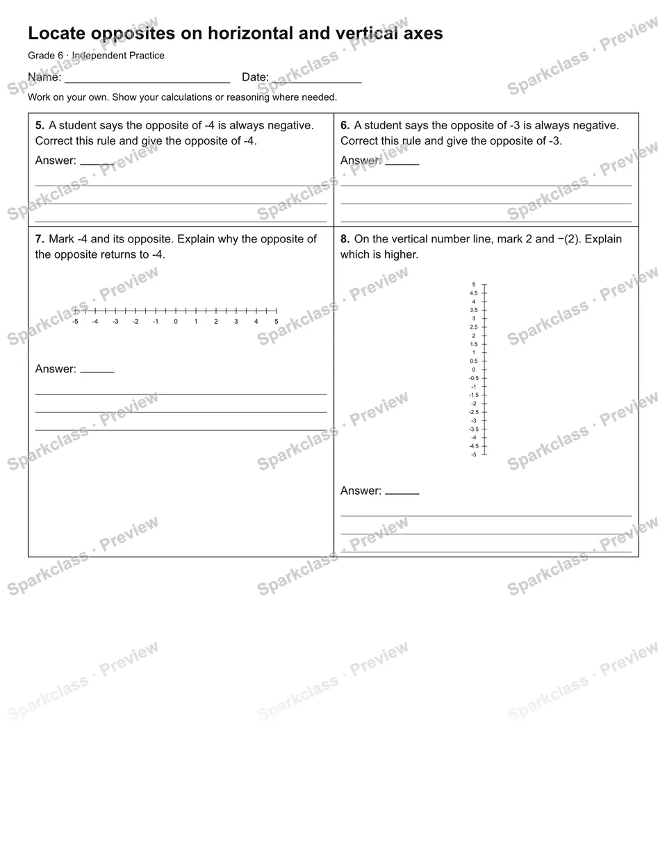 Locate opposites on horizontal and vertical axes — Independent Practice — page 2