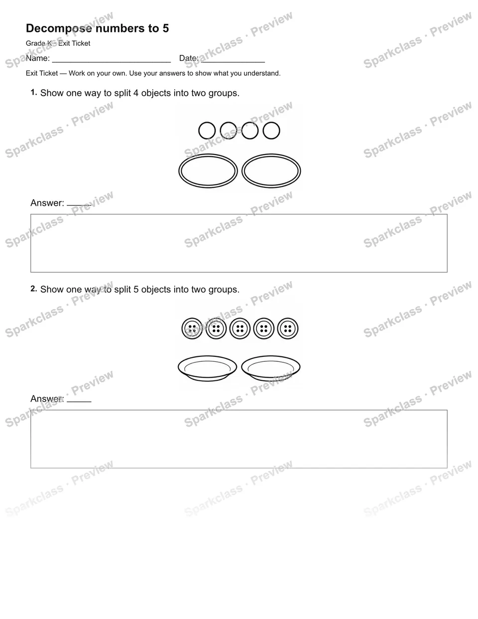 Decompose numbers to 5 — Exit Ticket — Kindergarten worksheet preview