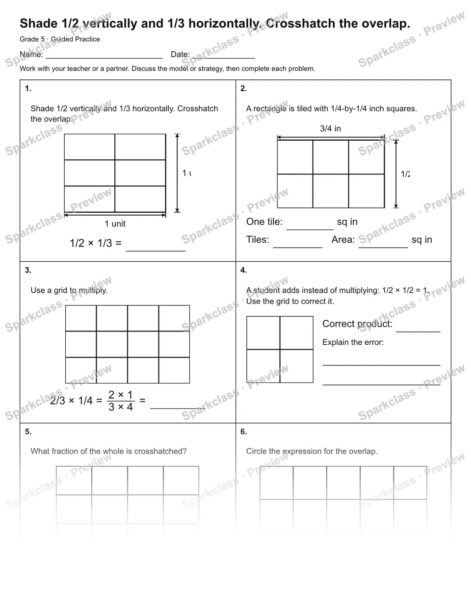 Shade 1/2 vertically and 1/3 horizontally. Crosshatch the overlap. — Guided Practice — Grade 5 worksheet preview