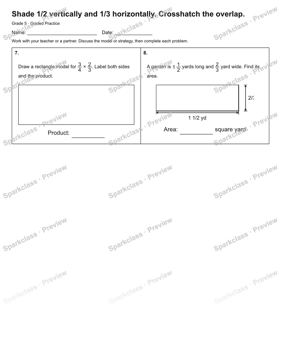 Shade 1/2 vertically and 1/3 horizontally. Crosshatch the overlap. — Guided Practice — page 2