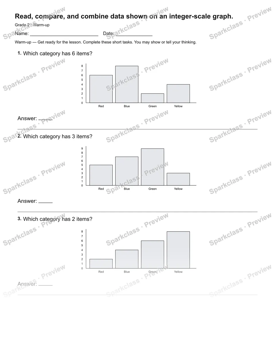Read, compare, and combine data shown on an integer-scale graph. — Warm-up — Grade 2 worksheet preview