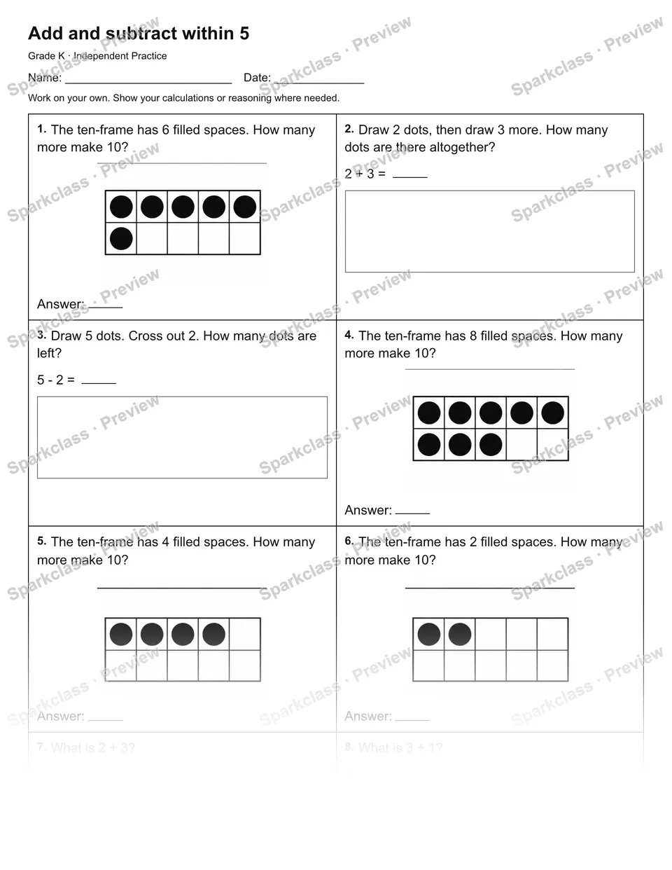 Add and subtract within 5 — Independent Practice — Kindergarten worksheet preview