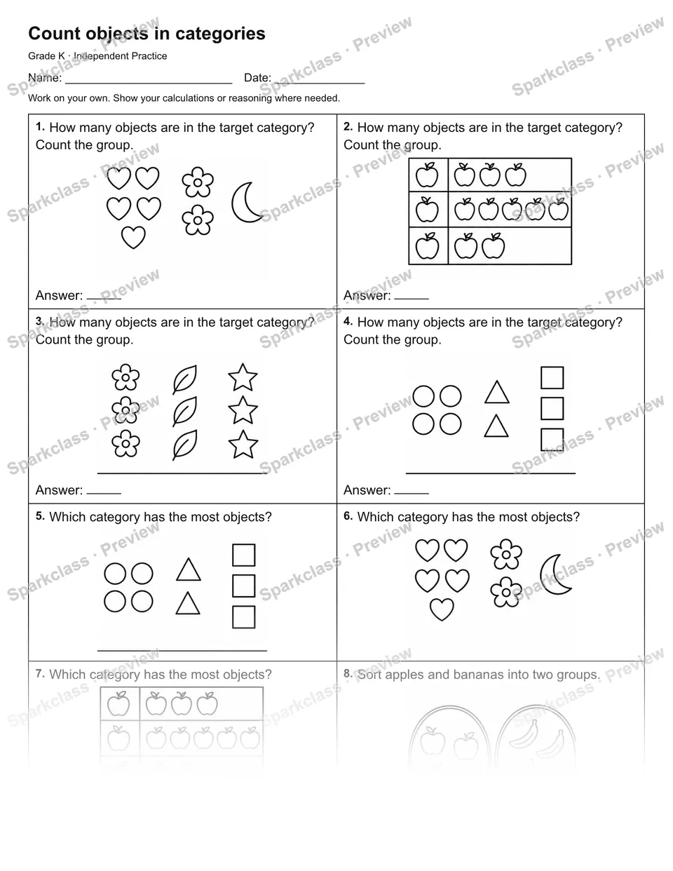 Count objects in categories — Independent Practice — Kindergarten worksheet preview