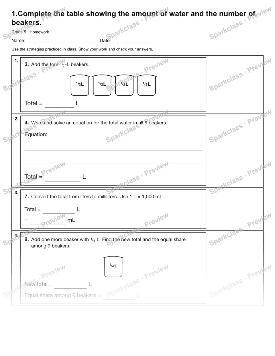1.Complete the table showing the amount of water and the number of beakers. — Homework — Grade 5 worksheet preview