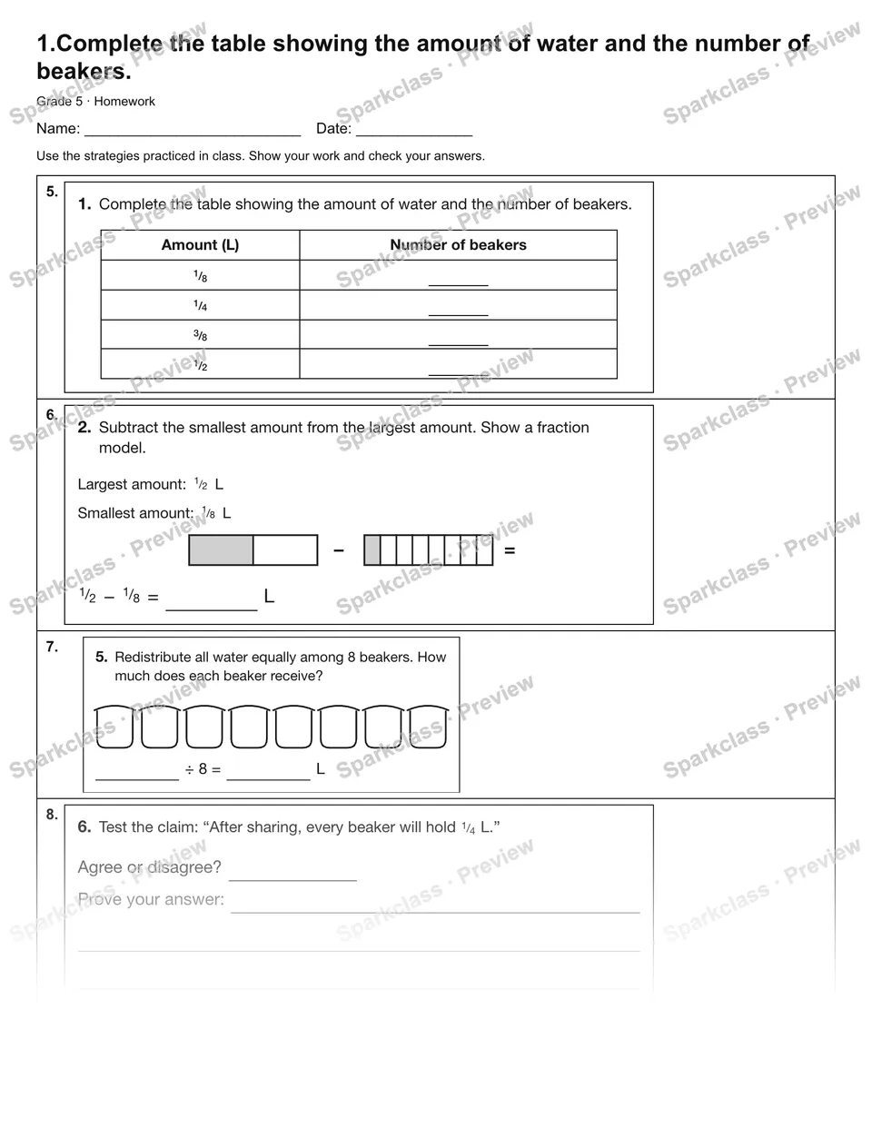 1.Complete the table showing the amount of water and the number of beakers. — Homework — page 2