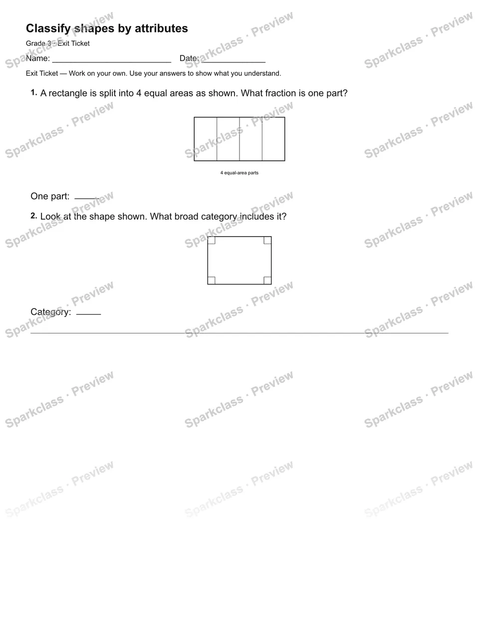 Classify shapes by attributes — Exit Ticket — Grade 3 worksheet preview