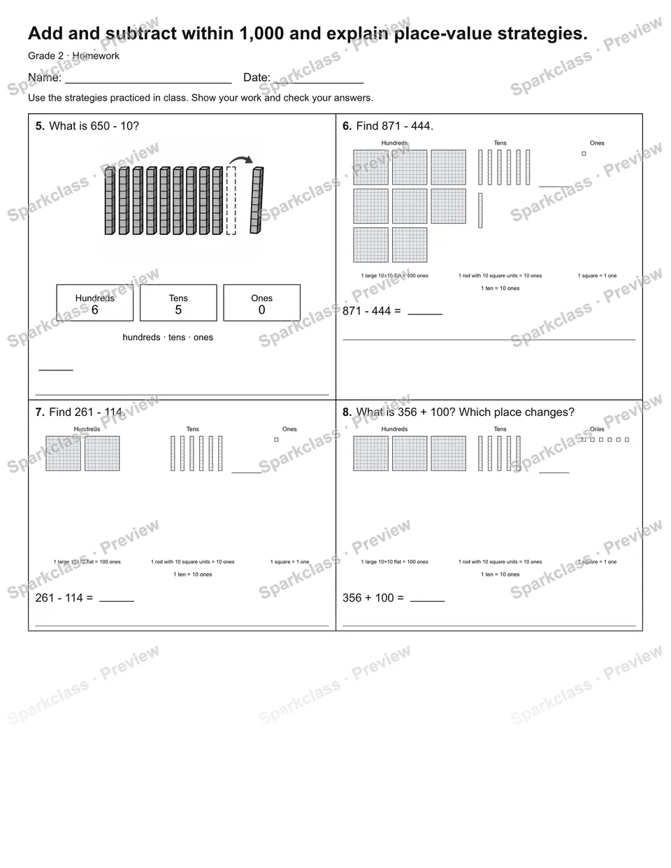 Add and subtract within 1,000 and explain place-value strategies. — Homework — page 2
