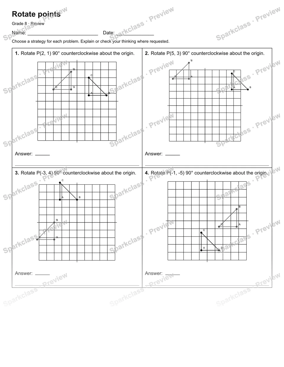 Rotate points — Review — Grade 8 worksheet preview