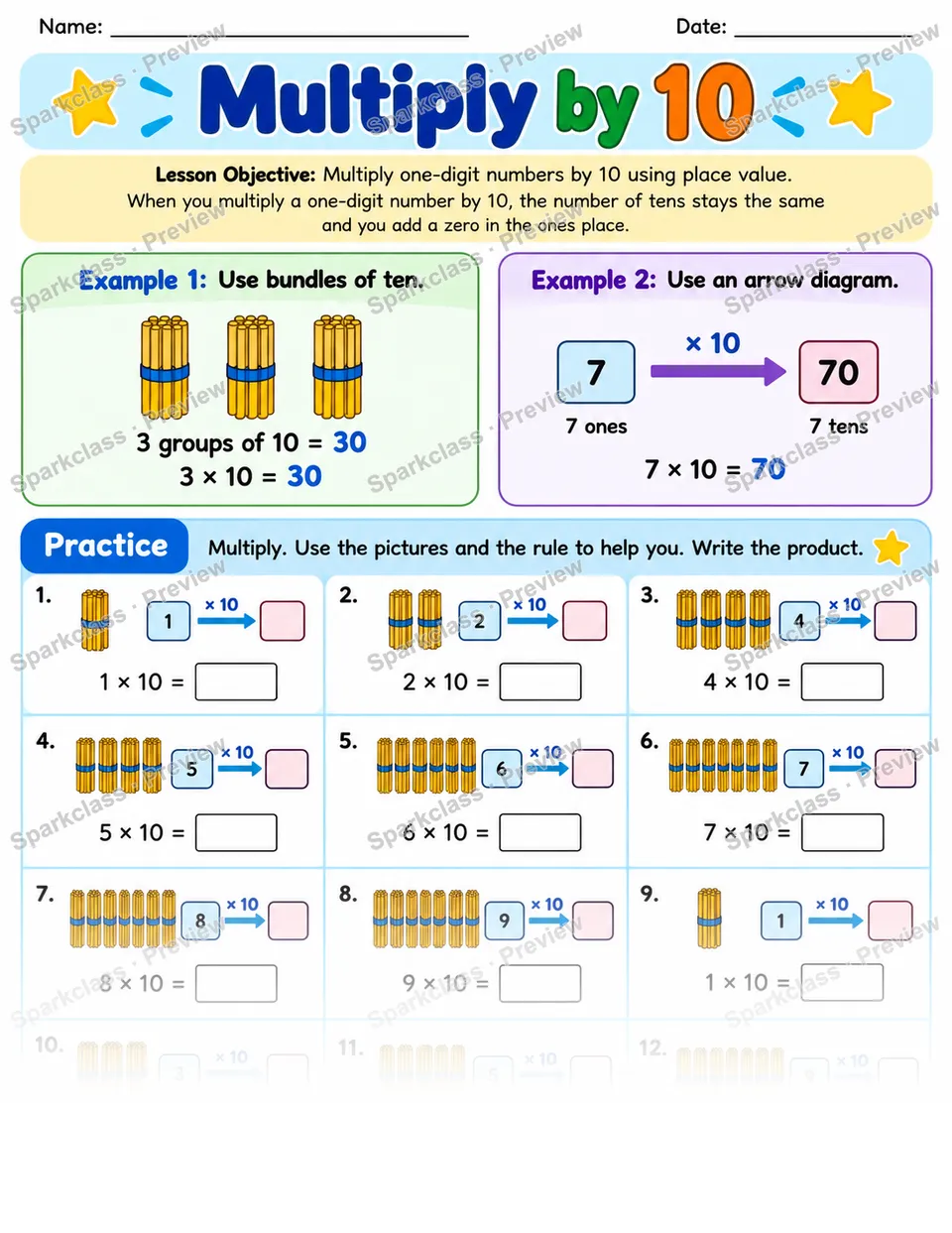 Place Value Multiply By 10 — Grade 3 worksheet preview