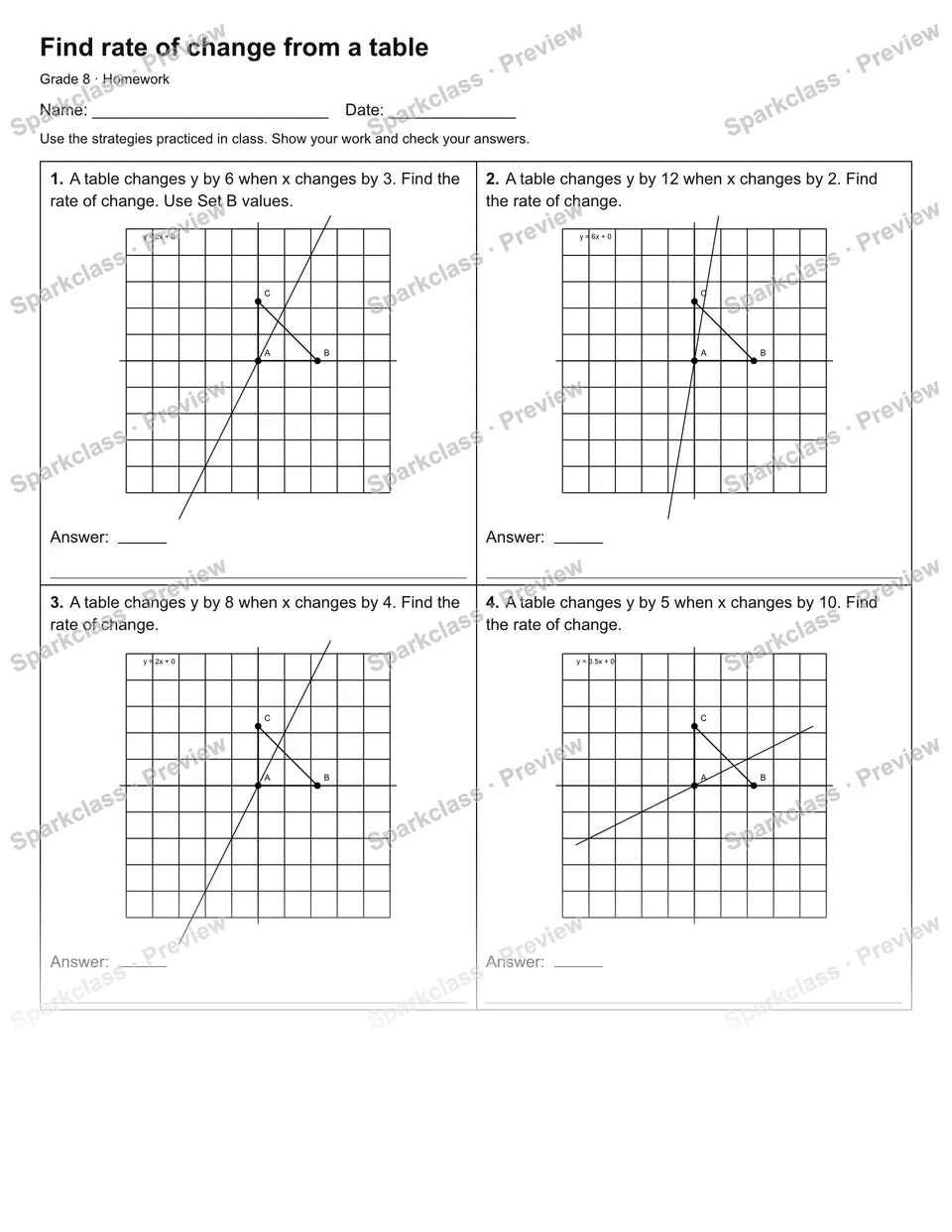 Find rate of change from a table — Homework — Grade 8 worksheet preview