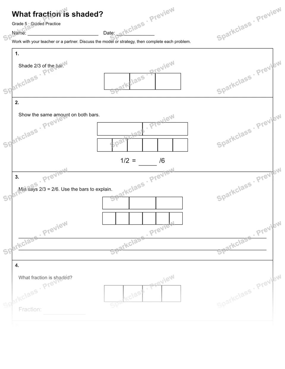What fraction is shaded? — Guided Practice — Grade 5 worksheet preview