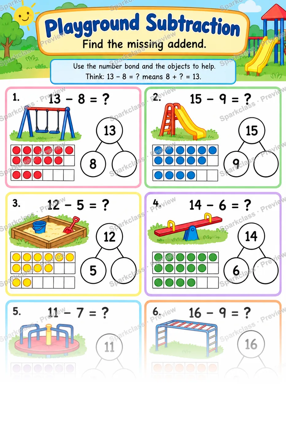 Subtraction Unknown Addend — Grade 1 worksheet preview