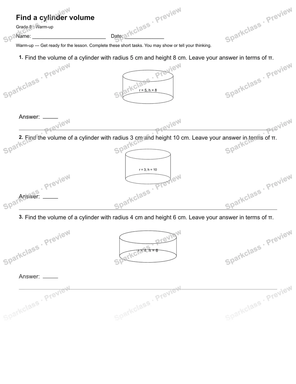 Find a cylinder volume — Warm-up — page 2