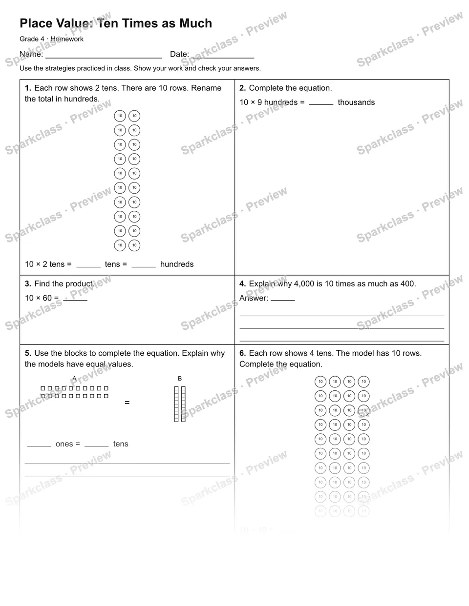 Place Value: Ten Times as Much — Homework — Grade 4 worksheet preview