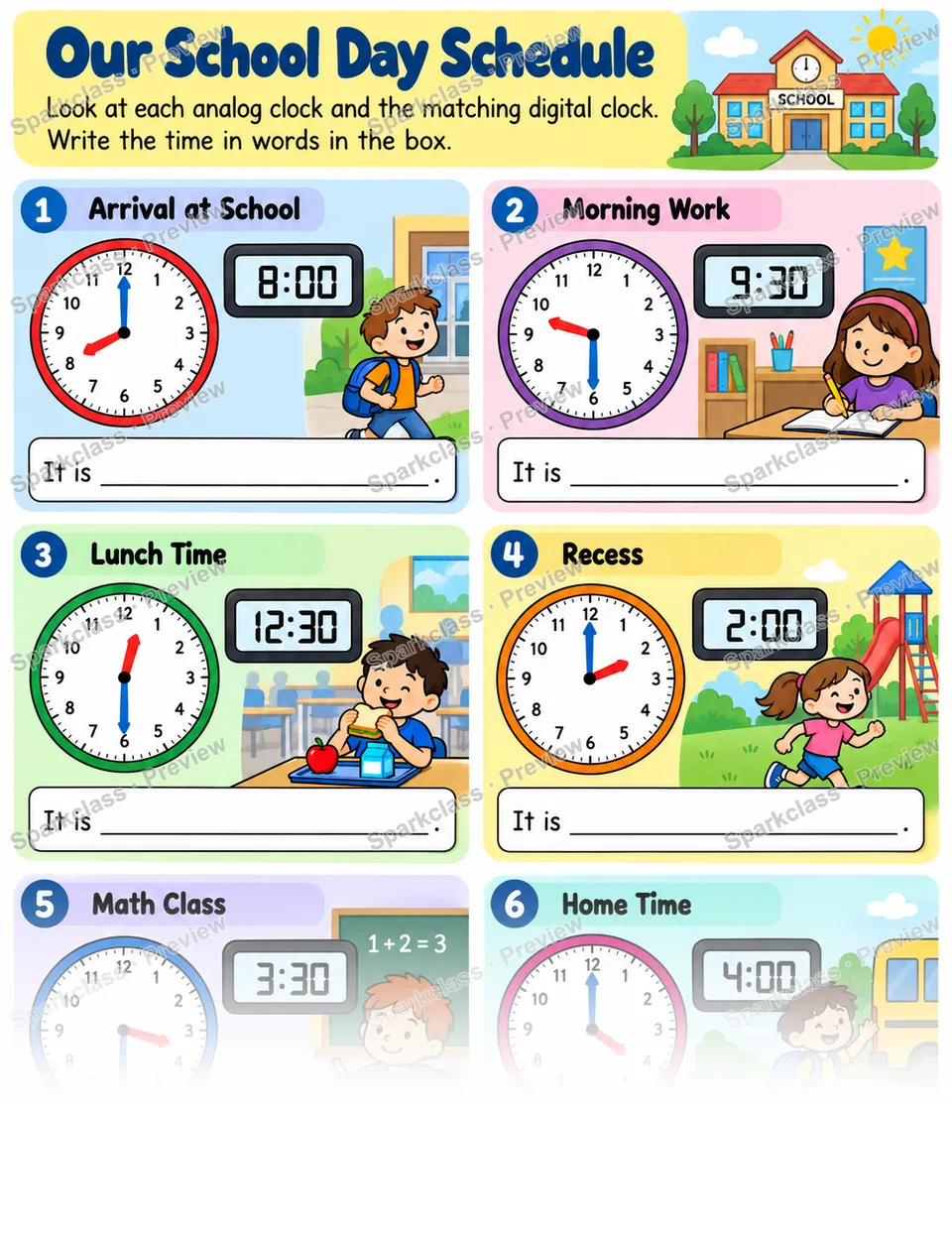 School Day Time Schedule — Grade 1 worksheet preview