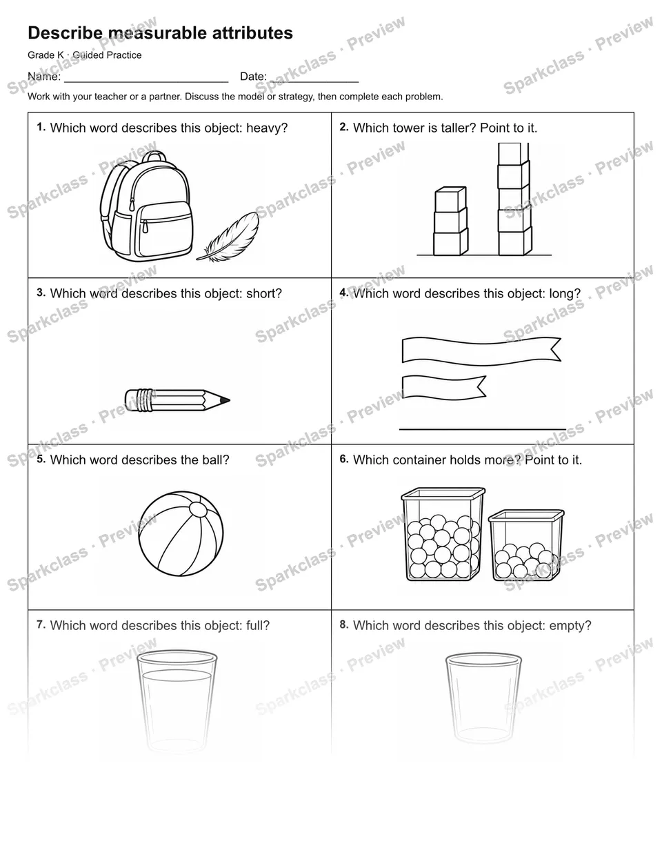 Describe measurable attributes — Guided Practice — Kindergarten worksheet preview