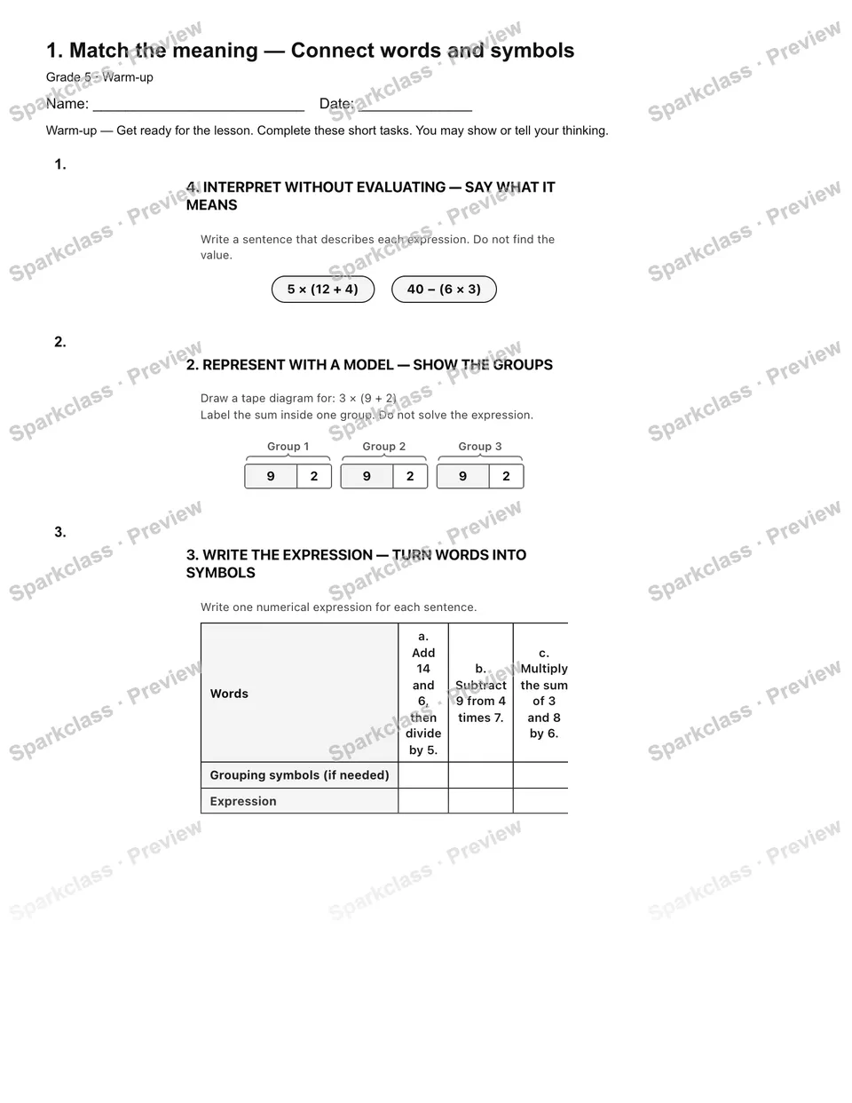 1. Match the meaning — Connect words and symbols — Warm-up — Grade 5 worksheet preview