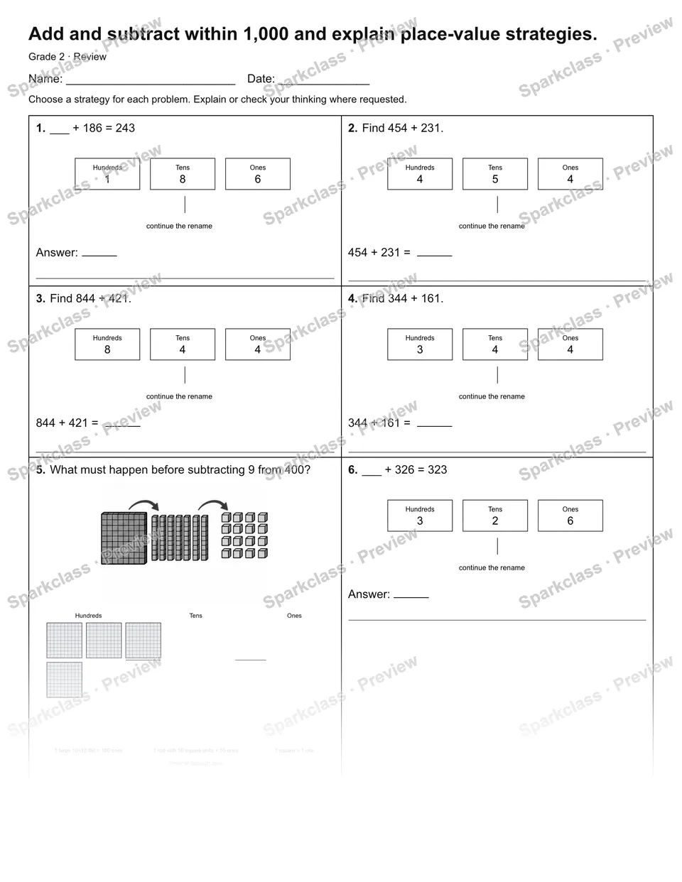Add and subtract within 1,000 and explain place-value strategies. — Review — Grade 2 worksheet preview
