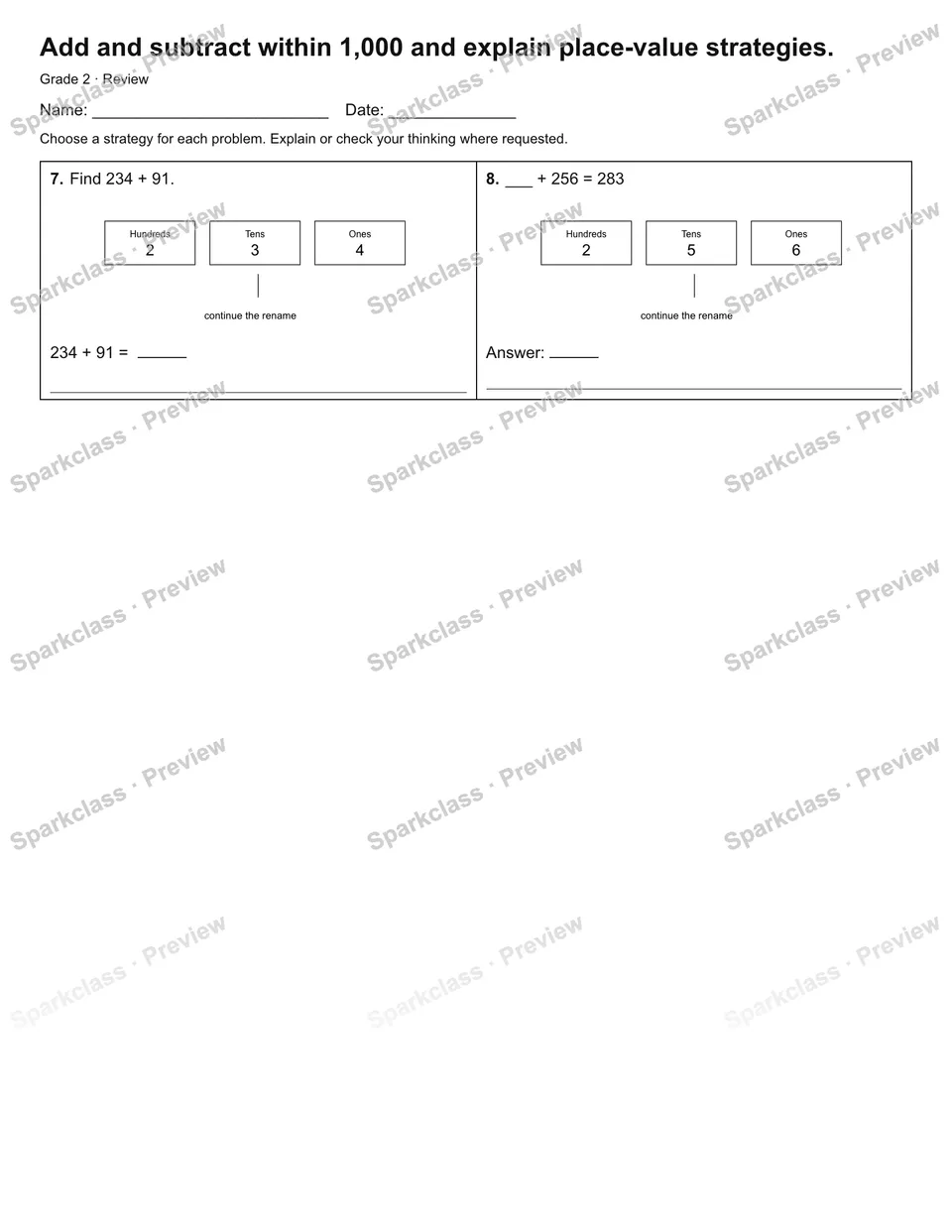 Add and subtract within 1,000 and explain place-value strategies. — Review — page 2
