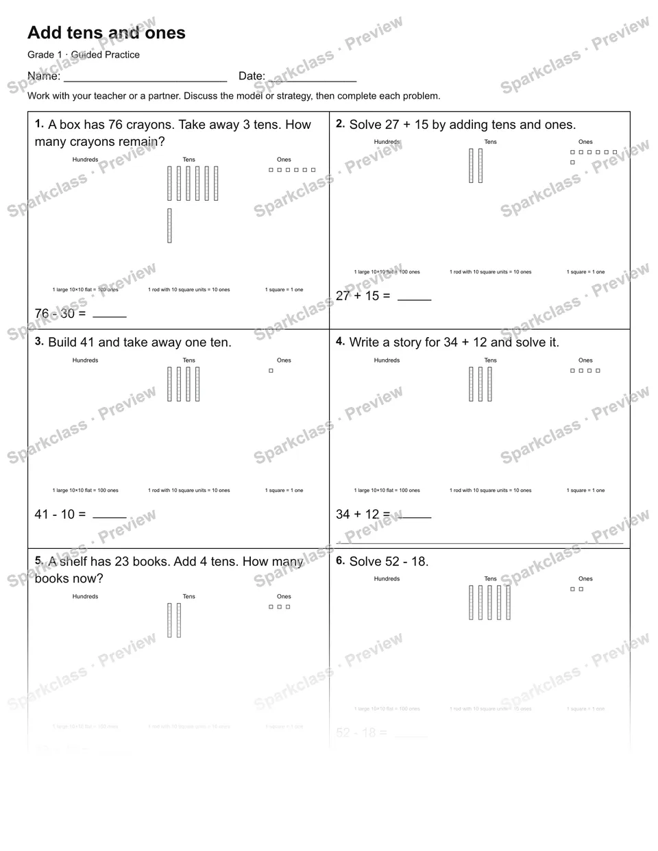 Add tens and ones — Guided Practice — Grade 1 worksheet preview