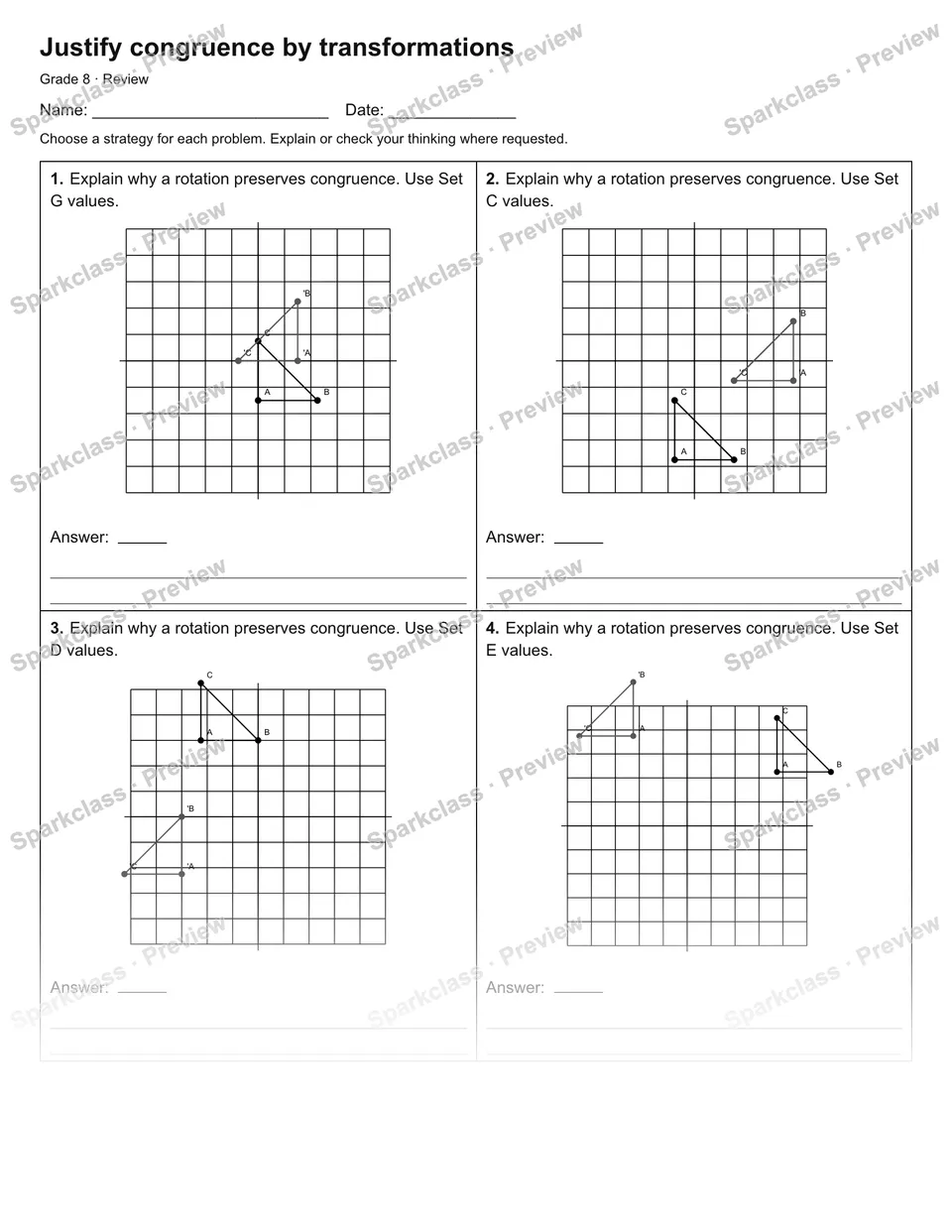 Justify congruence by transformations — Review — Grade 8 worksheet preview