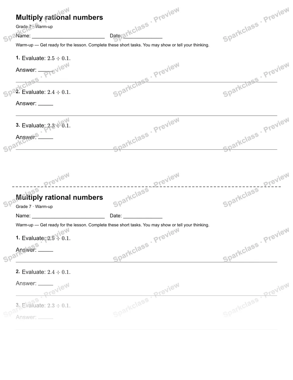 Multiply rational numbers — Warm-up — Grade 7 worksheet preview