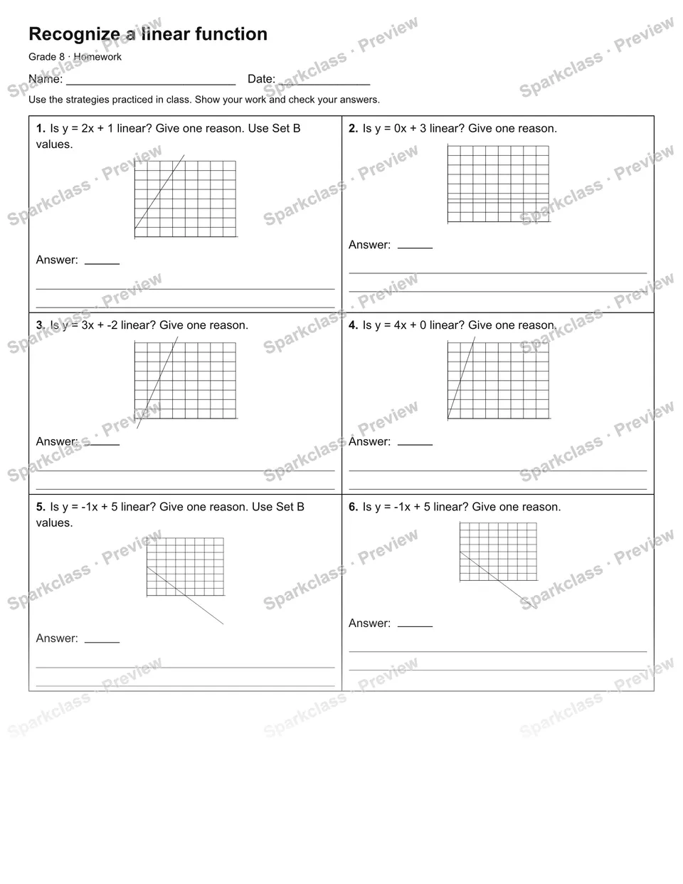 Recognize a linear function — Homework — Grade 8 worksheet preview