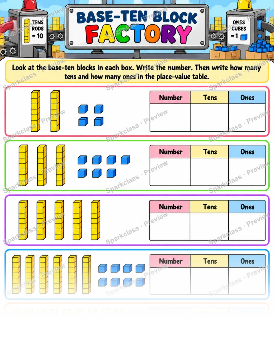 Base Ten Block Factory — Grade 1 worksheet preview