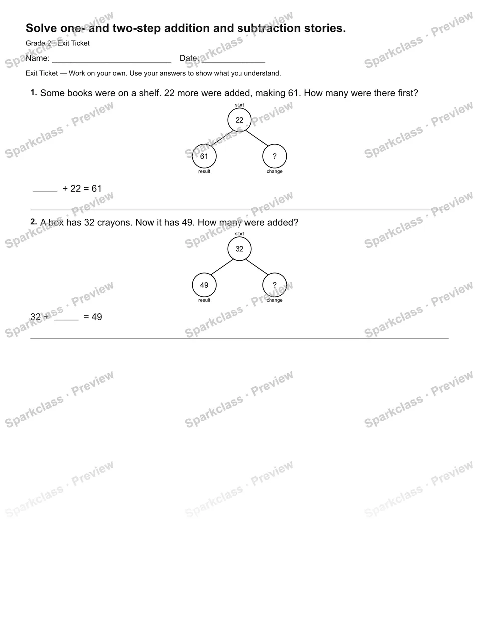 Solve one- and two-step addition and subtraction stories. — Exit Ticket — Grade 2 worksheet preview