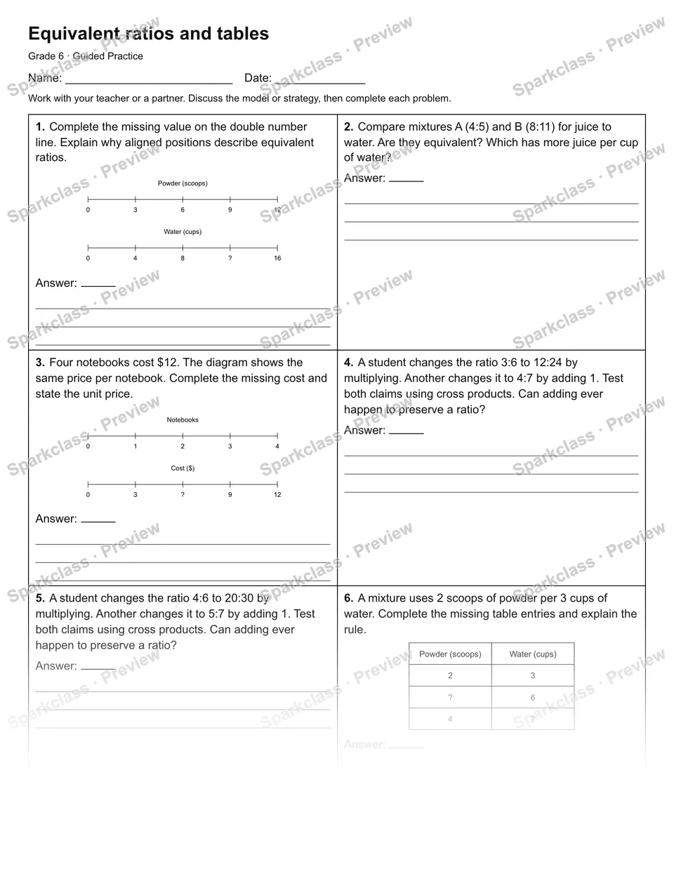 Equivalent ratios and tables — Guided Practice — Grade 6 worksheet preview