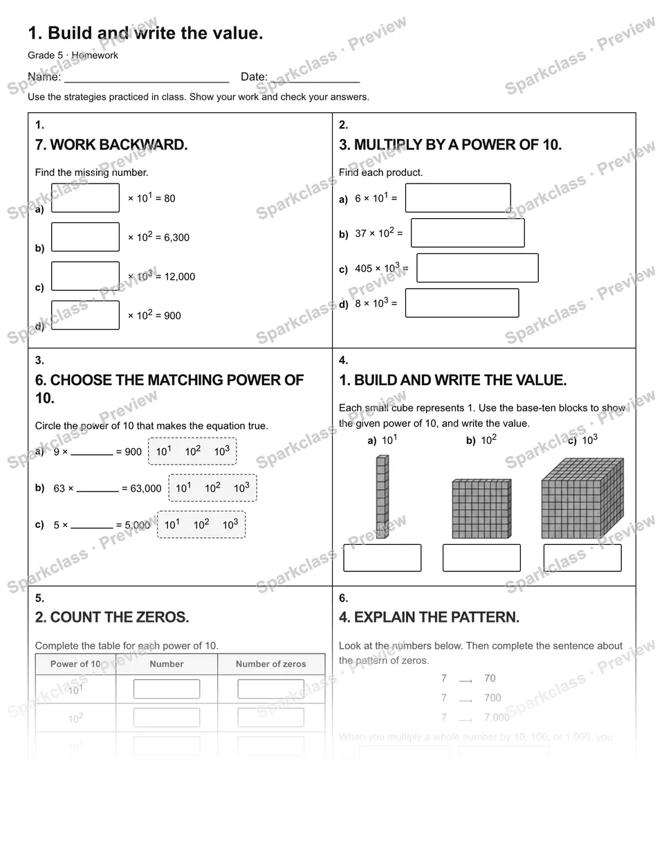 1. Build and write the value. — Homework — Grade 5 worksheet preview