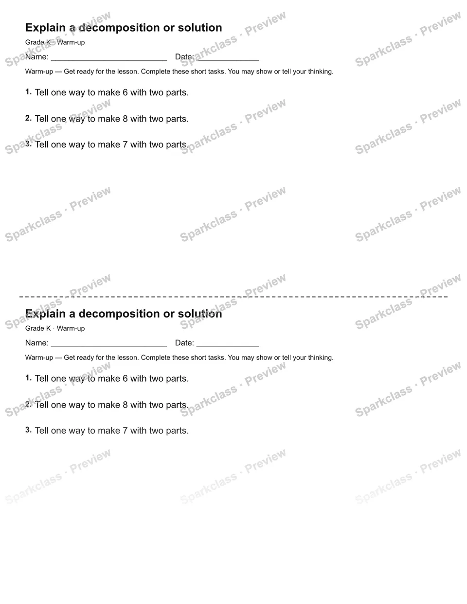 Explain a decomposition or solution — Warm-up — Kindergarten worksheet preview