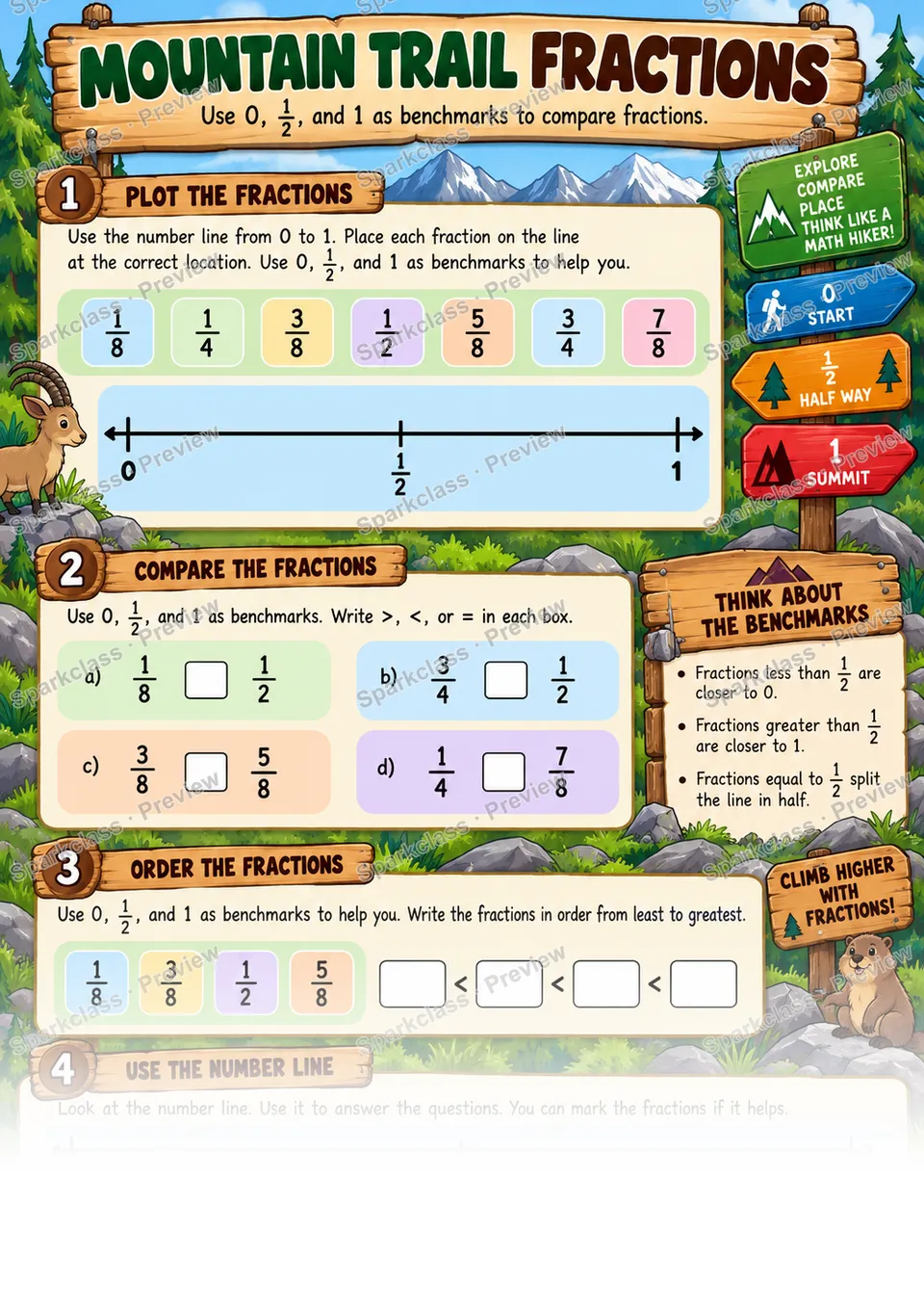 Compare Fractions Using Benchmarks — Grade 4 worksheet preview