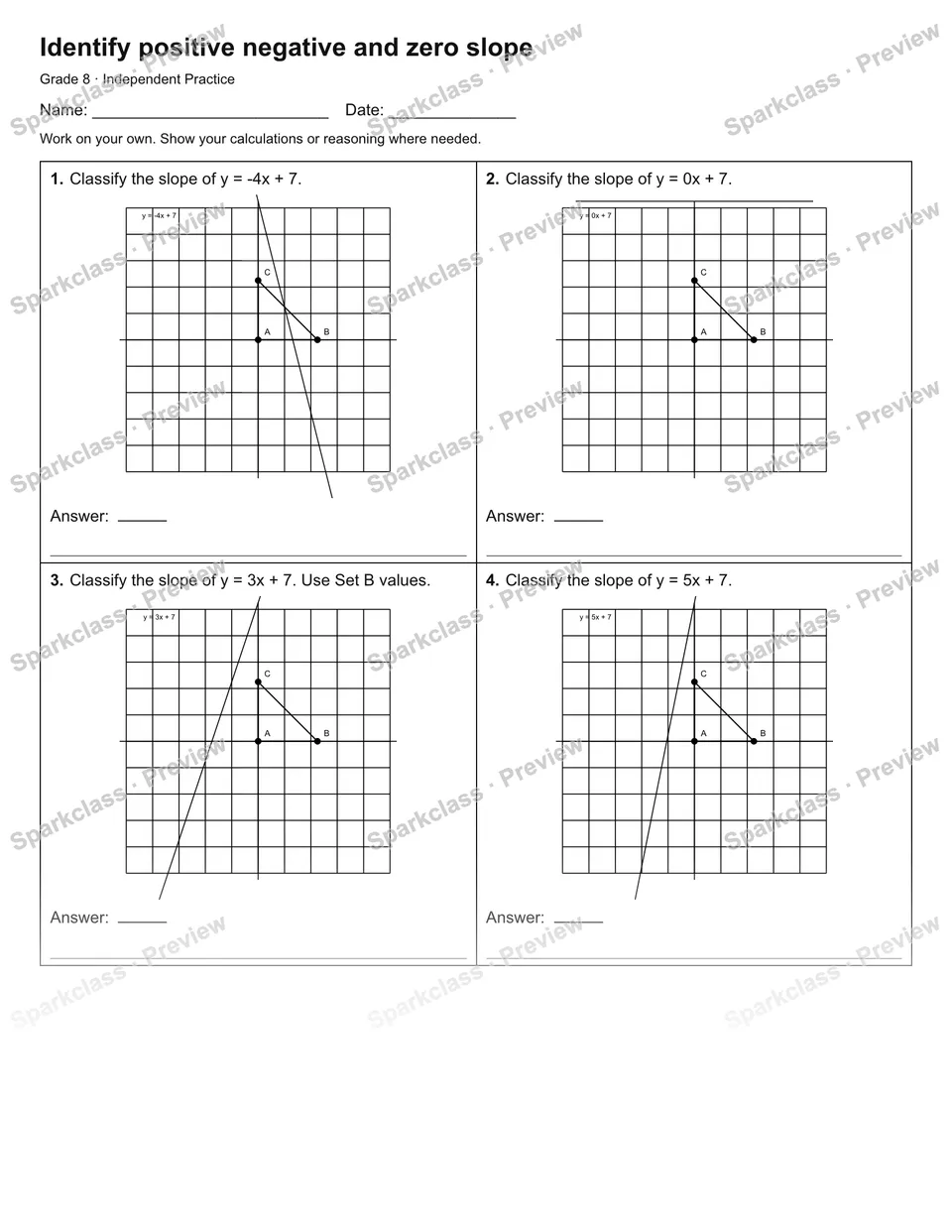 Identify positive negative and zero slope — Independent Practice — Grade 8 worksheet preview