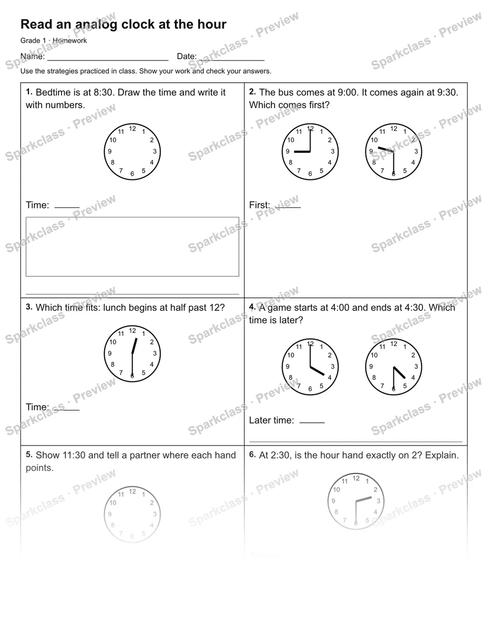 Read an analog clock at the hour — Homework — Grade 1 worksheet preview