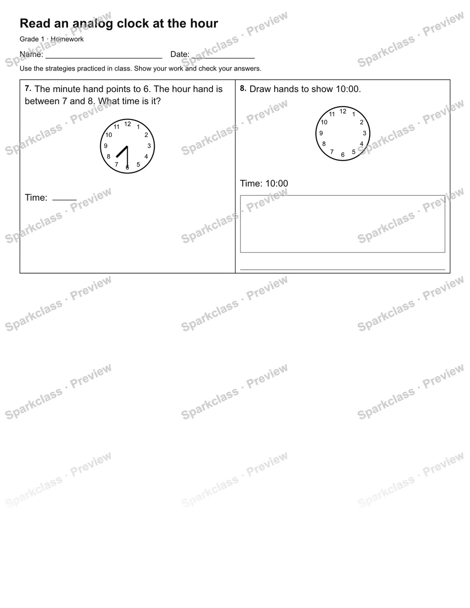 Read an analog clock at the hour — Homework — page 2
