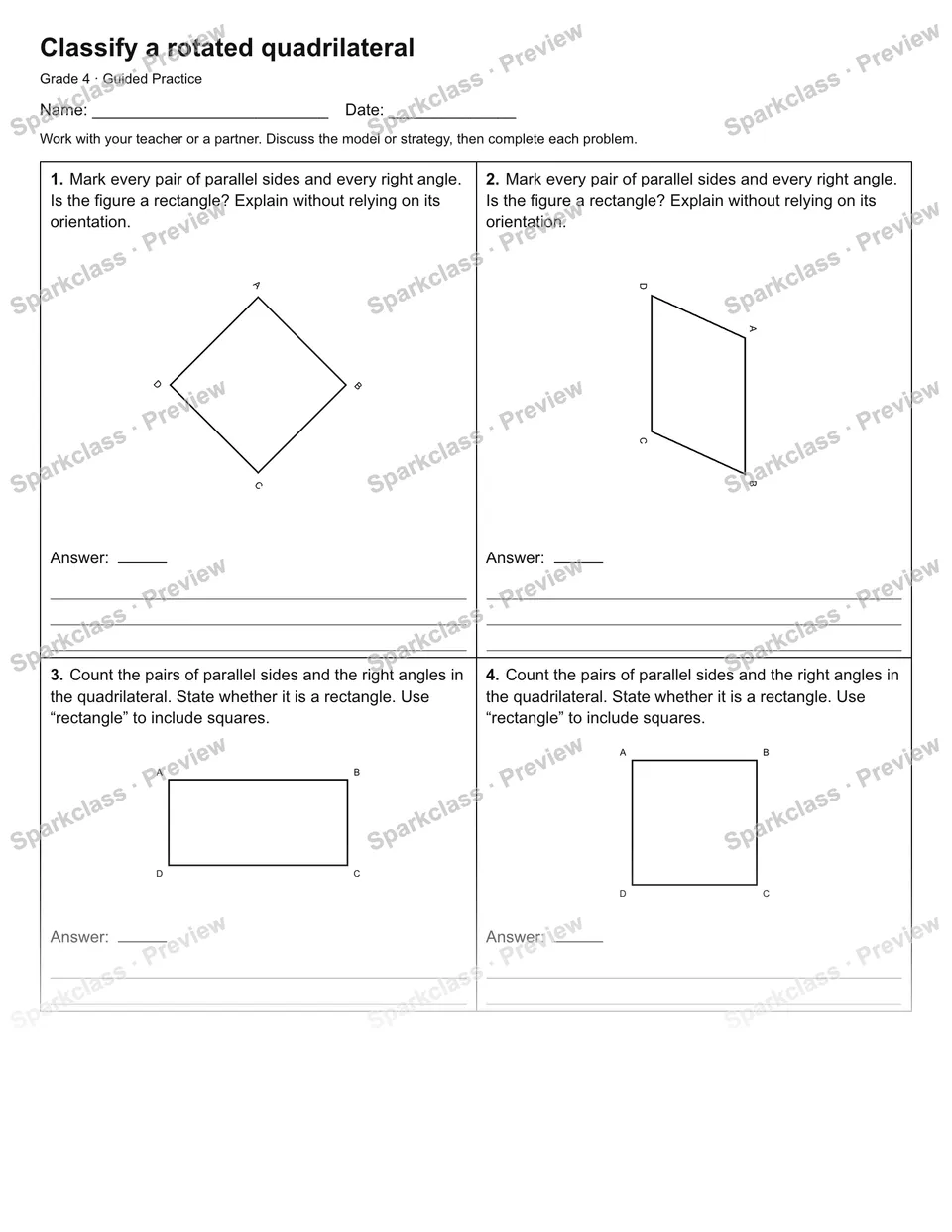 Classify a rotated quadrilateral — Guided Practice — Grade 4 worksheet preview