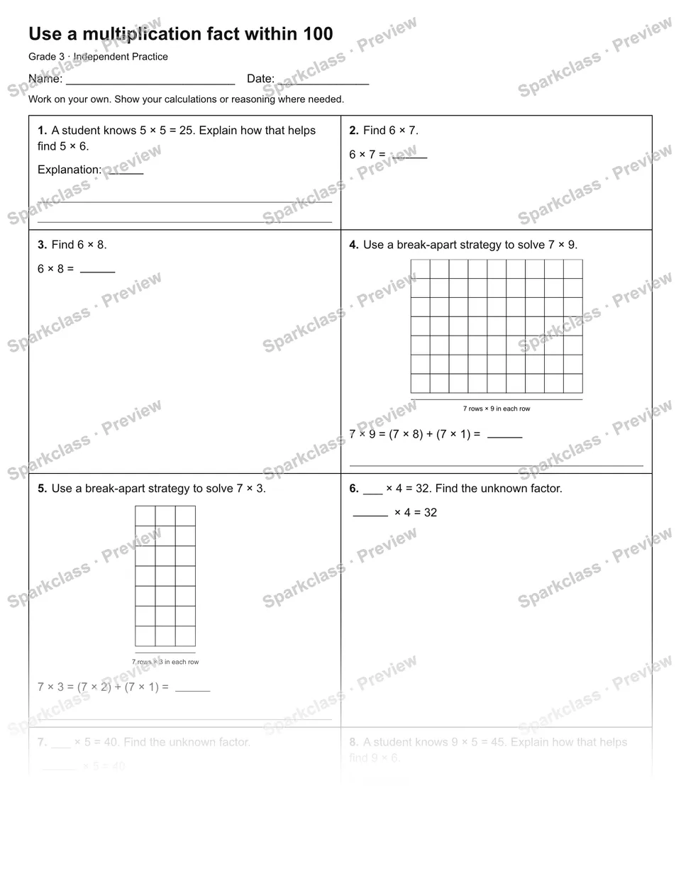 Use a multiplication fact within 100 — Independent Practice — Grade 3 worksheet preview